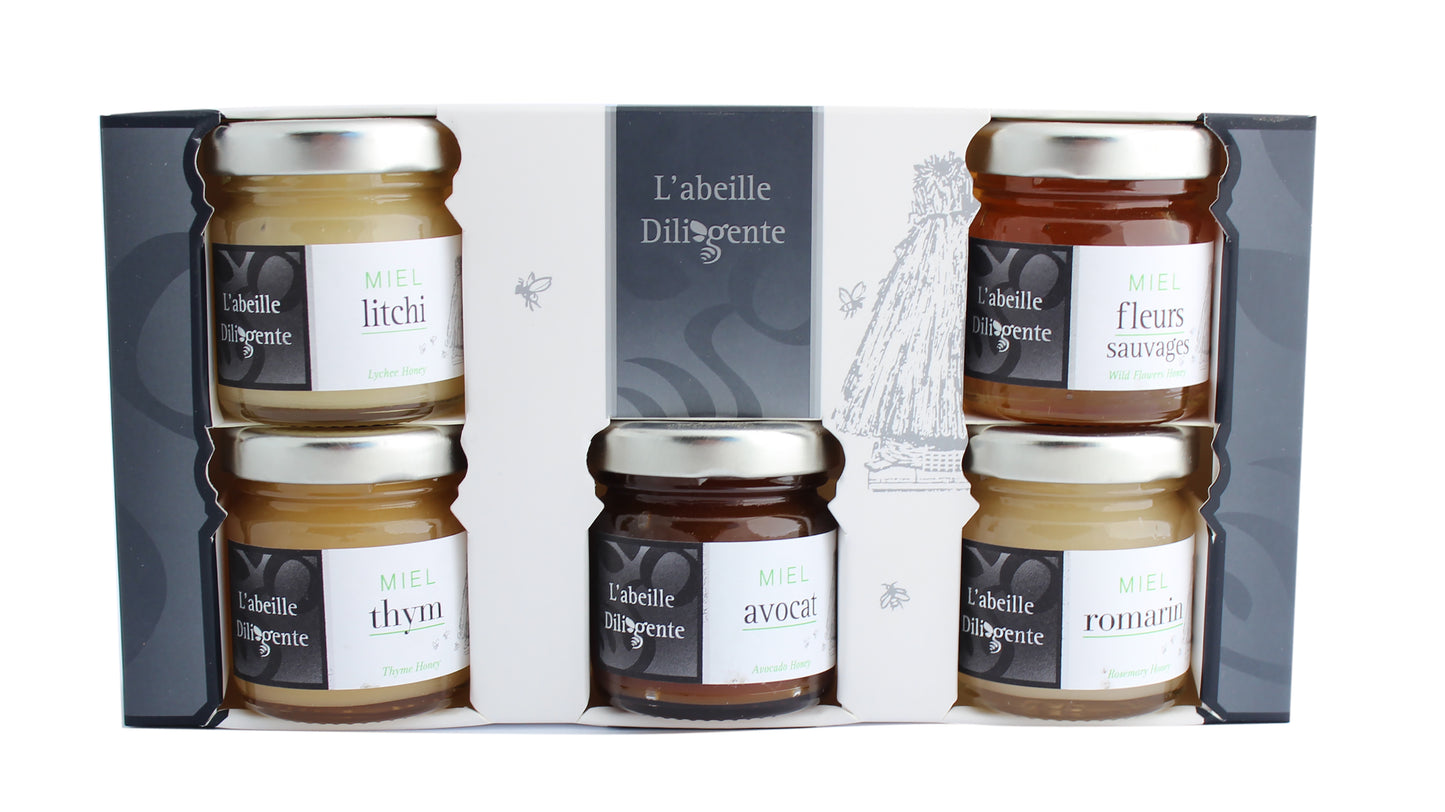 Coffret découverte du monde de miels en 5 verrines de 50 gr