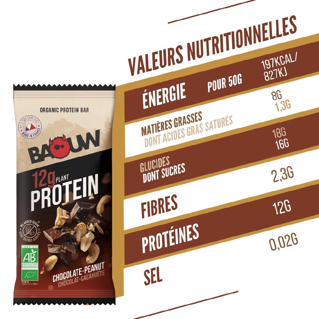Baouw Barre protéinée BIO Chocolat - Cacahuètes 50g