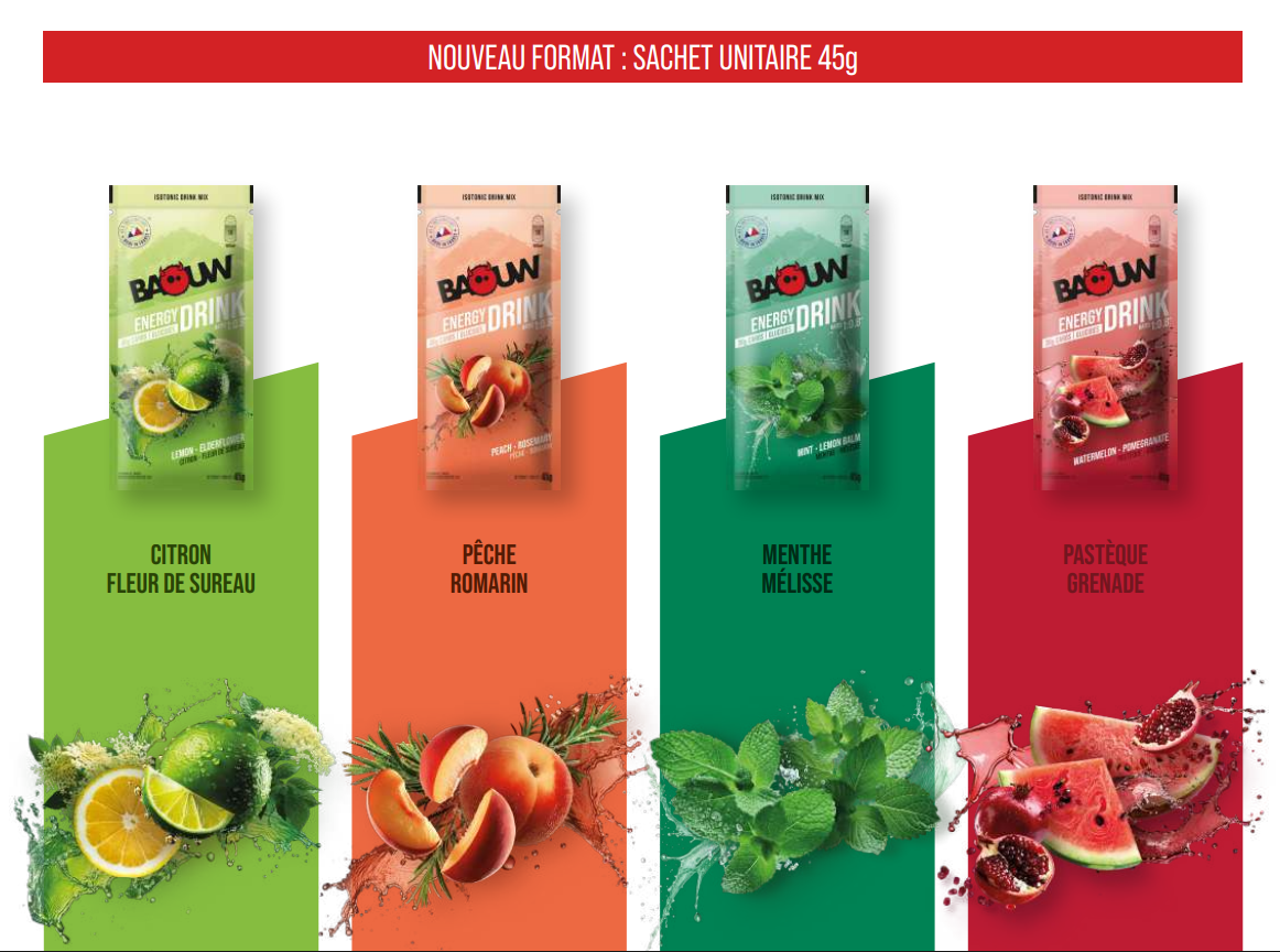 NOUVEAU ! Boisson énergétique Pastèque-Grenade. Pack de 5 sachets de 45 gr