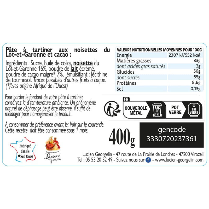 Lucien Georgelin Pâte à Tartiner Noisettes et Cacao 280g