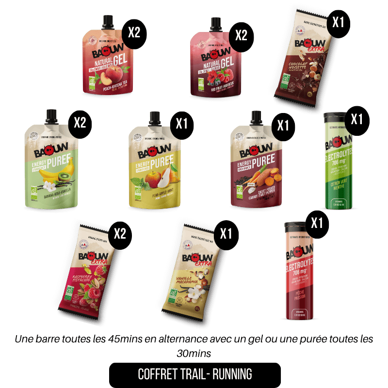 Coffret Trail pack bio: 5 barres, 4 gels, 3 purées, 2 tubes d'electrolytes